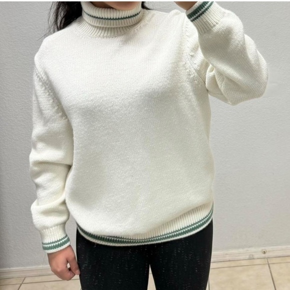 Zara White Green Stripes FOLDOVER NECK Pullover Wool Blend SIZE XL NWOT - Picture 8 of 8